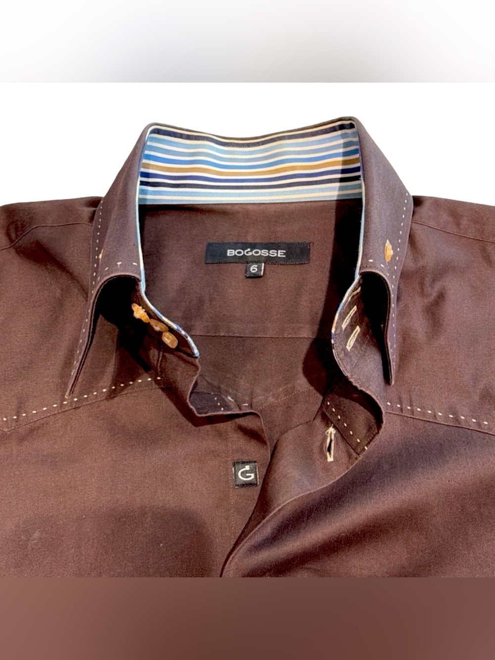 BOGOSSE Men’s Casual Button-Down Shirt with Contrast Stripe Lining & Cuffs - Picture 7 of 16